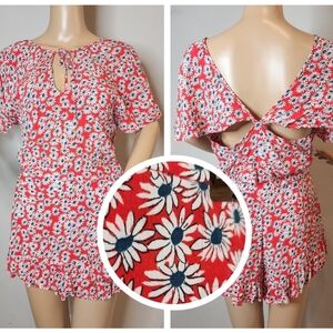 Zara 2-peice Set Skort (M) Top (L) Red White Blue Floral Rayon